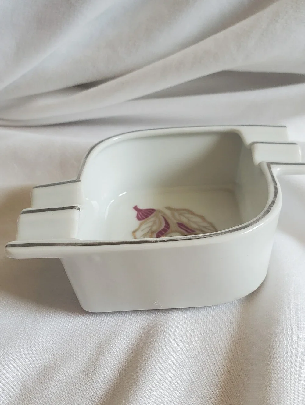 Ucagco China Vintage White Porcelain Ashtray with Gold and Plum Floral Accent